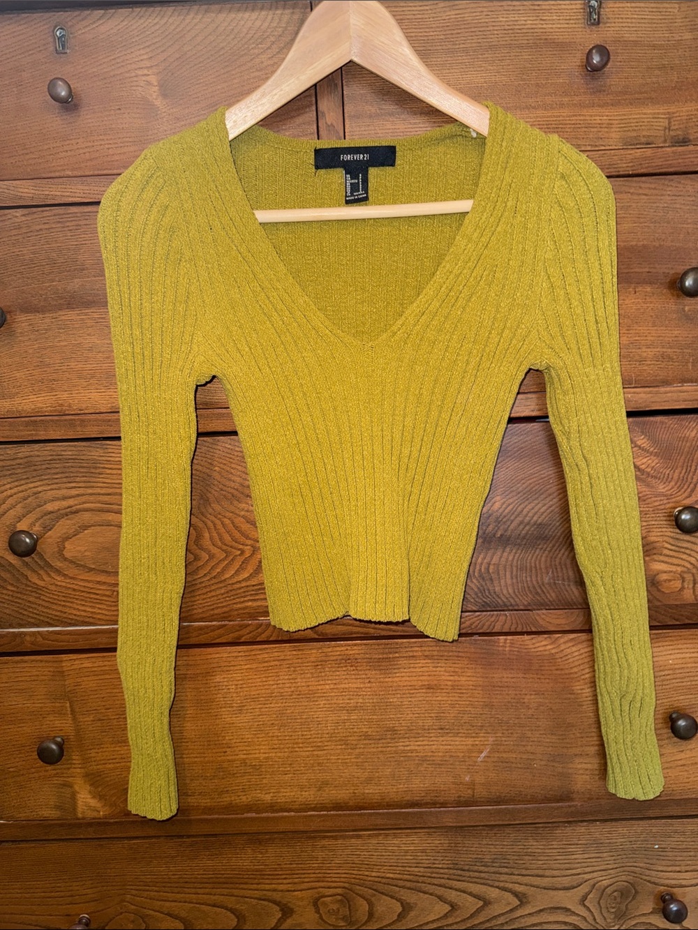 Forever 21 Chartreuse Ribbed V-Neck Cropped Sweater S